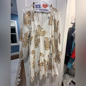 Oliphant White and Gold Floral Long Sleeve Dress